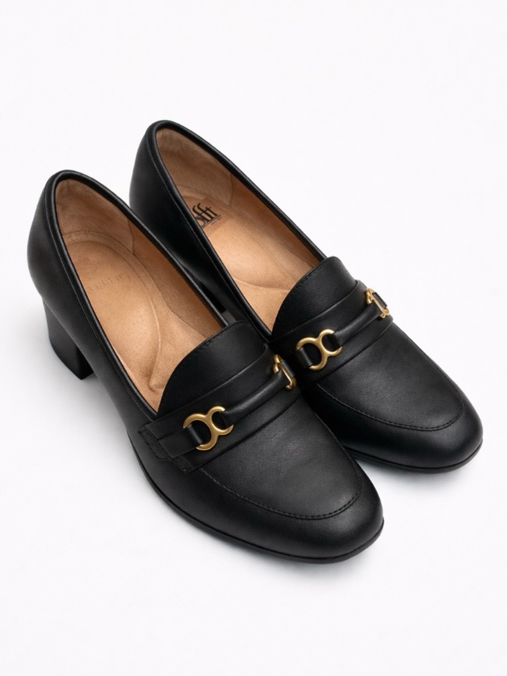Sofft Black Leather Loafers with Gold Bit